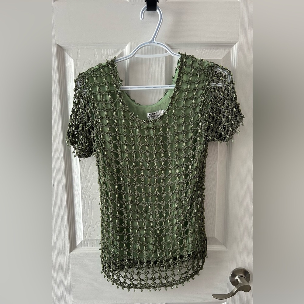 Moffi Vintage Olive Crocheted And Beaded Short Sleeve Top
